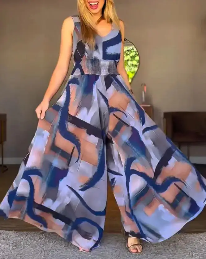 Jumpsuit Women 2026 Spring New Fashion Printed V-Neck Elastic Thick Strap Shirred High Waist Backless Wide Leg Jumpsuit