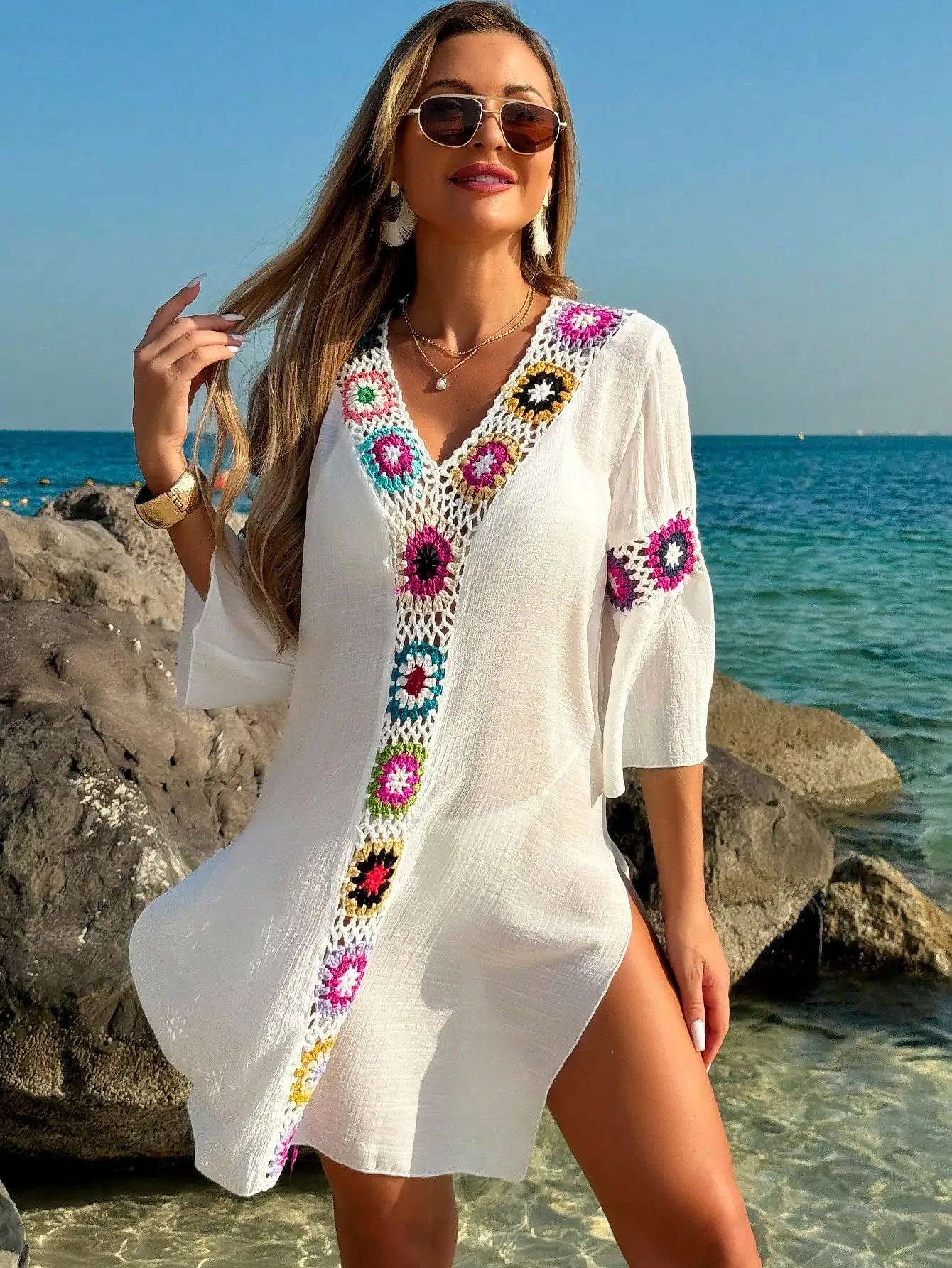 

Women's V-Neck 3/4 Sleeve Hand Crochet Floral Cover Up Tunic Dress Beach Summer