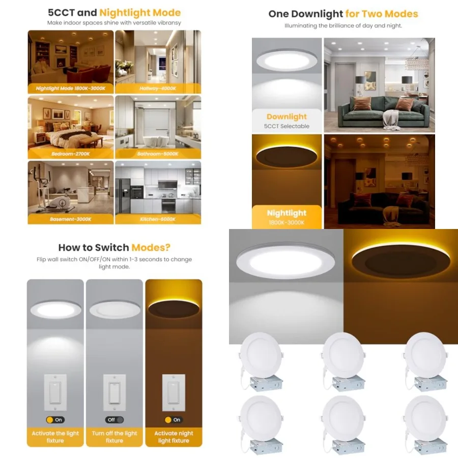 

LED Recessed Lighting 6 Inch - with Night Light, 2700K/3000K/4000K/5000K/6000K Selectable Canless Recessed Light, 12W+3W, Ultra