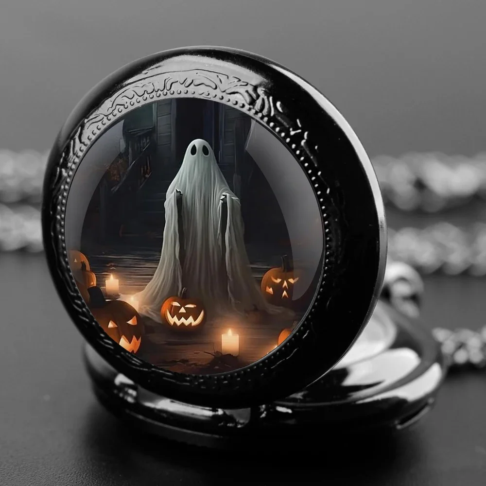 Reloj de bolsillo de cuarzo con diseño de fantasma de Halloween para hombres, mujeres y niños, cúpula de cristal, cadena duradera, esfera de números árabes, regalos creativos