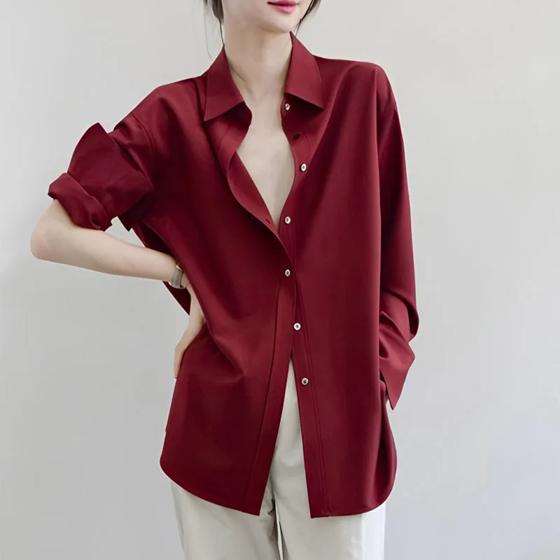 

Vintage Single Breasted Satin Women's Blouses Wine Long Sleeve Casual Korean Office Loose Shirts Female 2025 New Spring Autumn