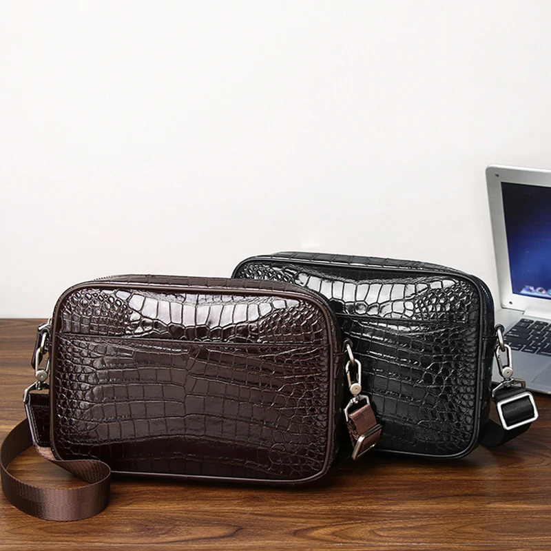 

New Crocodile Pattern Men's Single Shoulder Diagonal Straddle Bag with True Leather Bag Fashionable Small Square Bag Trend