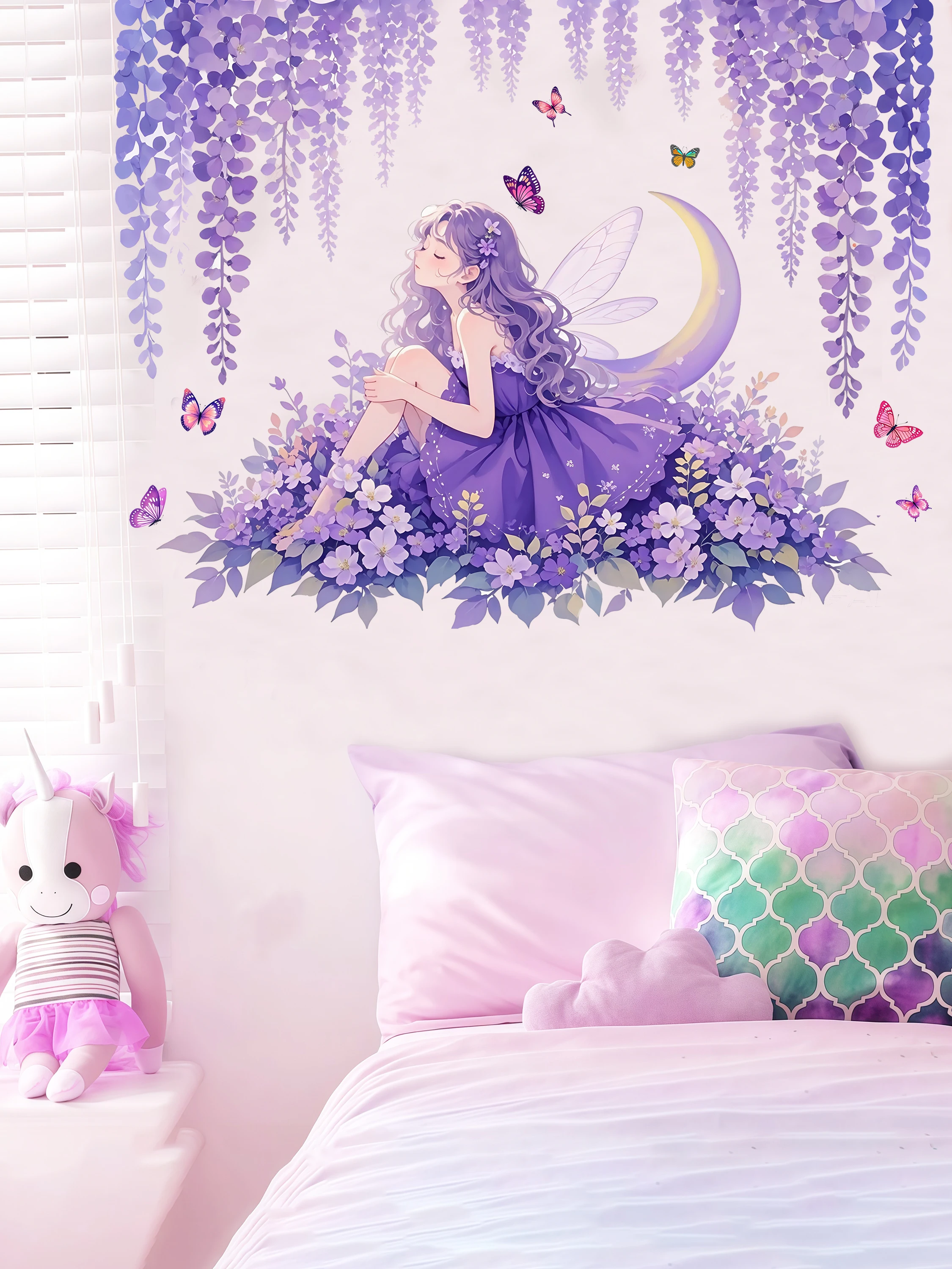 Creative Purple Vine Rose Butterfly Girl Cute Fairy Tale Style Stickers PVC Beautify Room Baby Room Wall Stickers