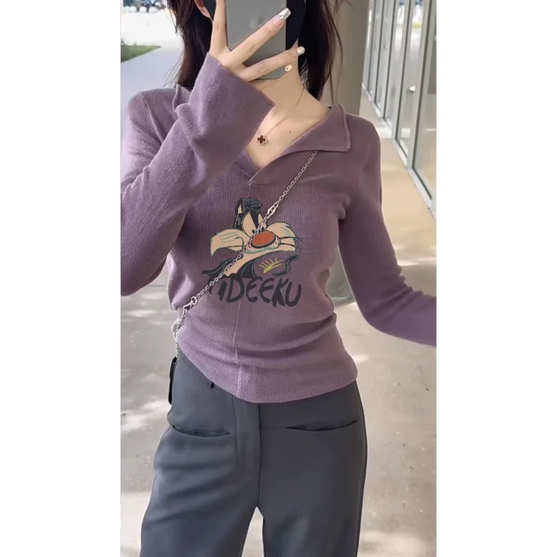 

Ранняя осень, дизайнерский стиль, фиолетовый свитер, топ, осенне-зимняя нижняя рубашка, футболка на правое плечо с длинным рукавом для женщин