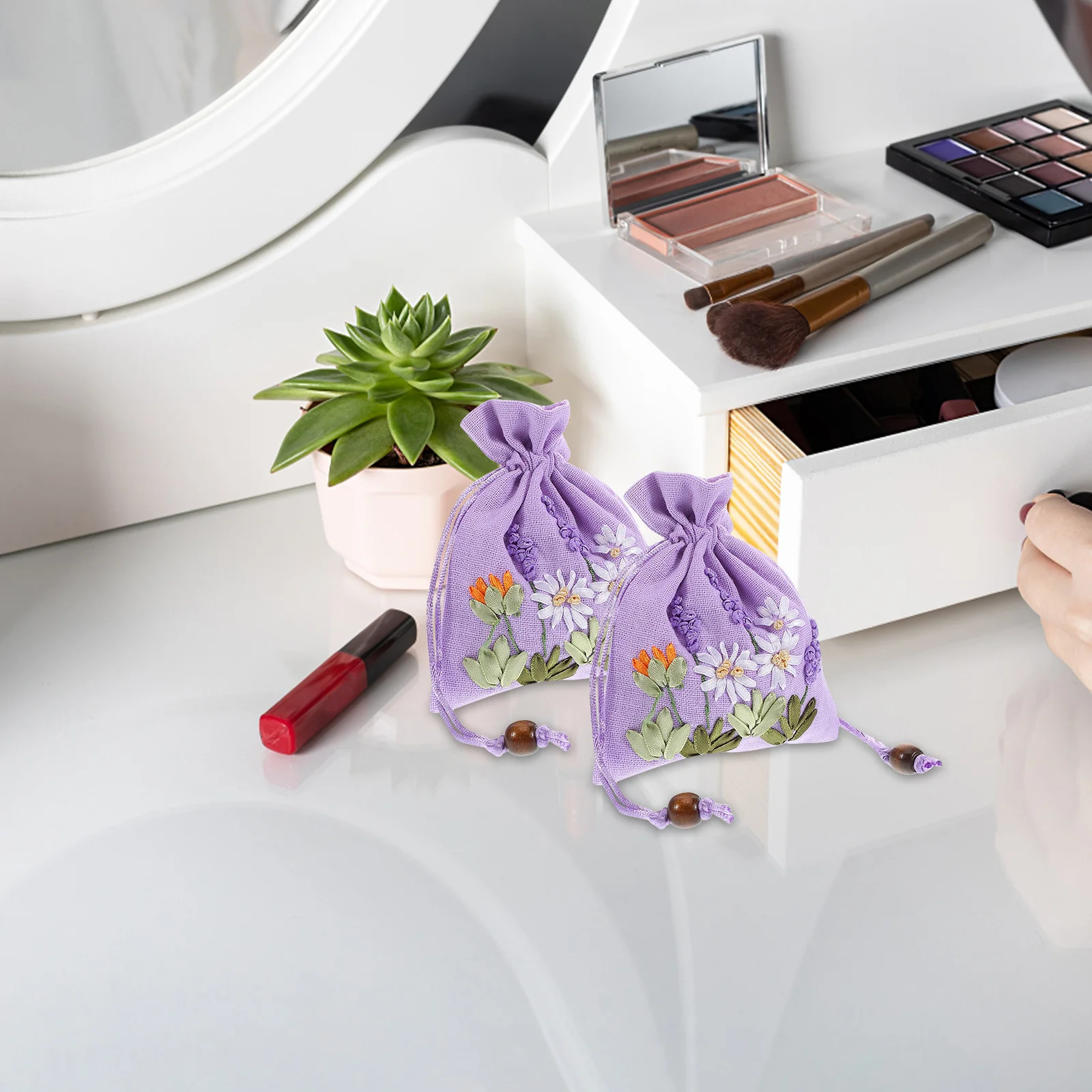 4 قطعة أكياس مجوهرات الكتان المطرزة الخزامى أكياس صغيرة الرباط الحقائب أنيقة الزخرفية الحاضر لصالح التعبئة والتغليف #5