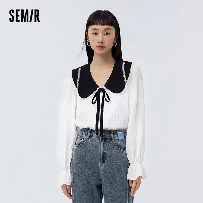 Semir Long Sleeve Blouse Women Contrast Color Gentle Sweet Style 2023 Spring New Style Girl Feeling Large Lapel Texture Shirt