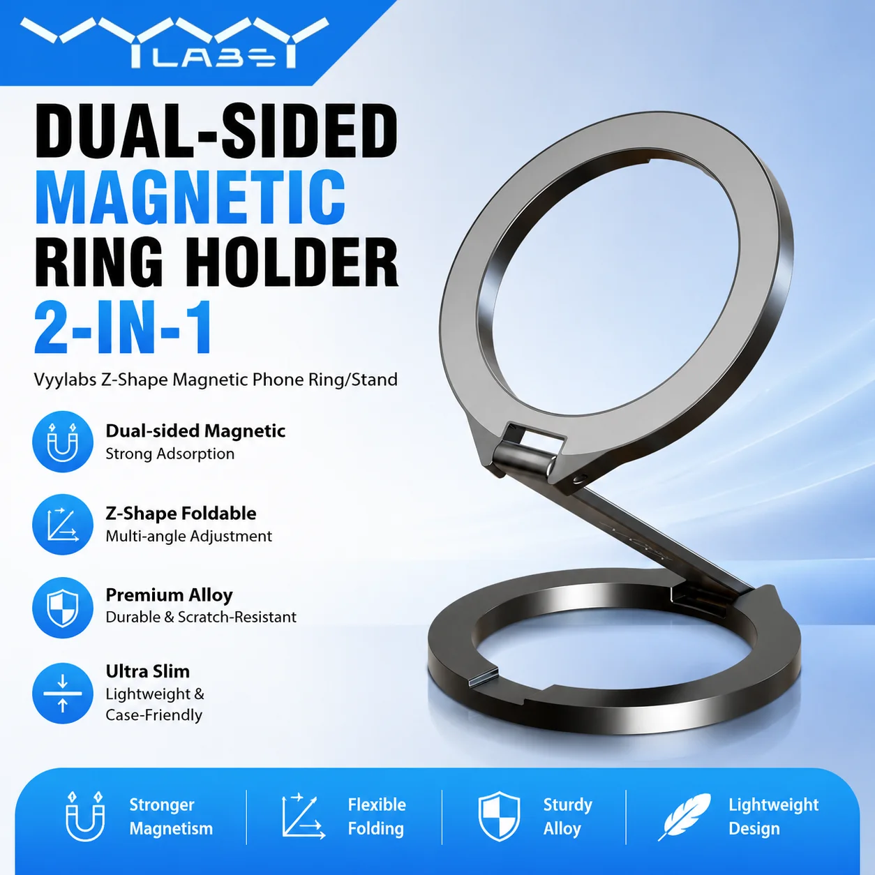 Vyvylabs Dual-sided Magnetic Phone Ring Stand Foldable Phone Kickstand Magnetic Holder Compatible for MagSafe for Smartphone