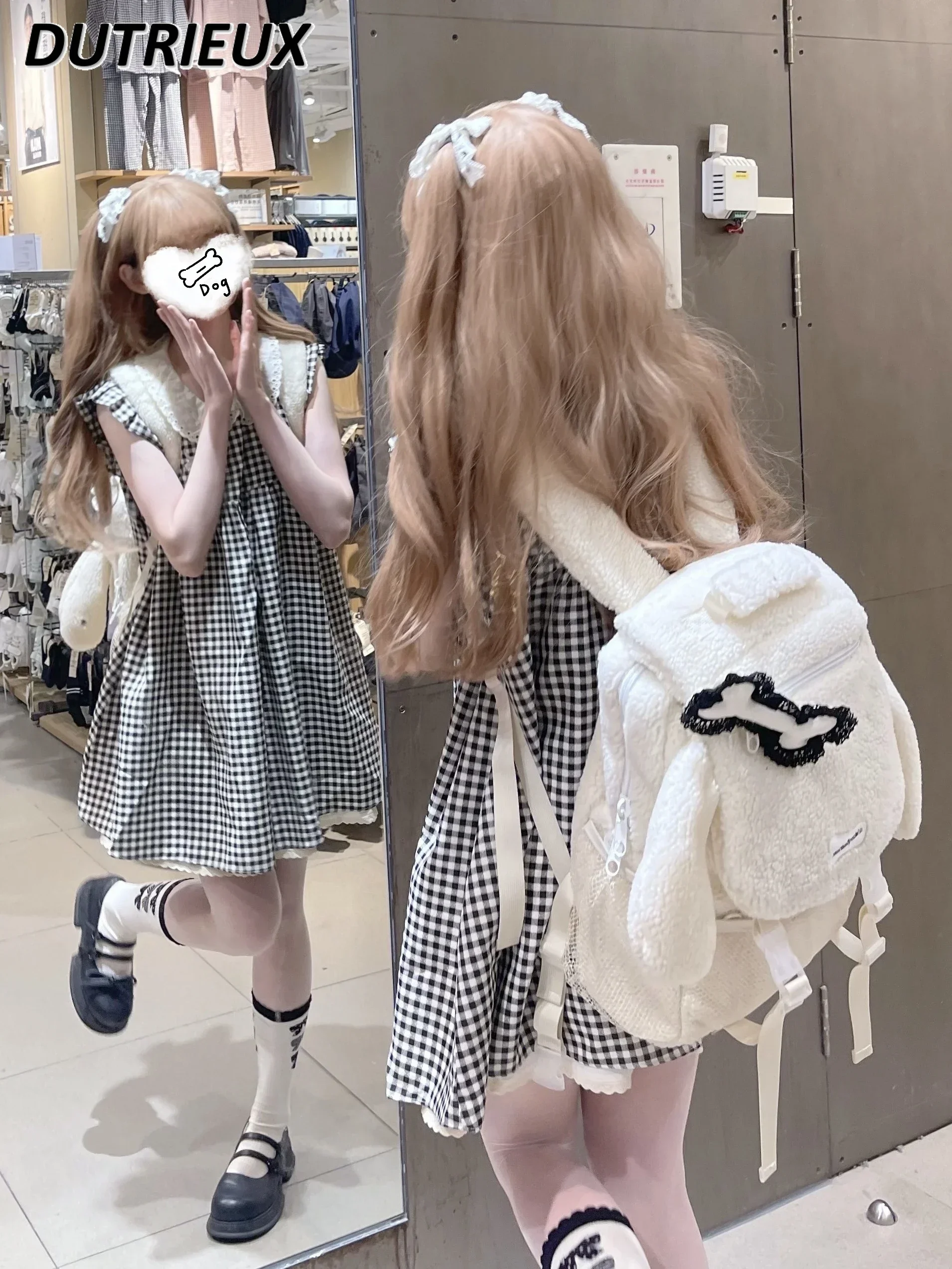 Japanese Style Shoulder Back Schoolbag Large Capacity Autumn and Winter Lamb Wool Cute Milky White Versatile School Backpack