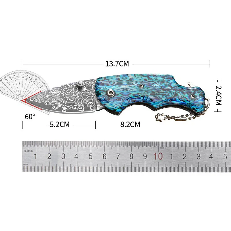 سكين دمشقي صلب قابل للطي مع مفتاح ، شفرة صغيرة مفتوحة ، مقبض راتينج ، سكاكين جيب خارجية ، أدوات يدوية متعددة الوظائف