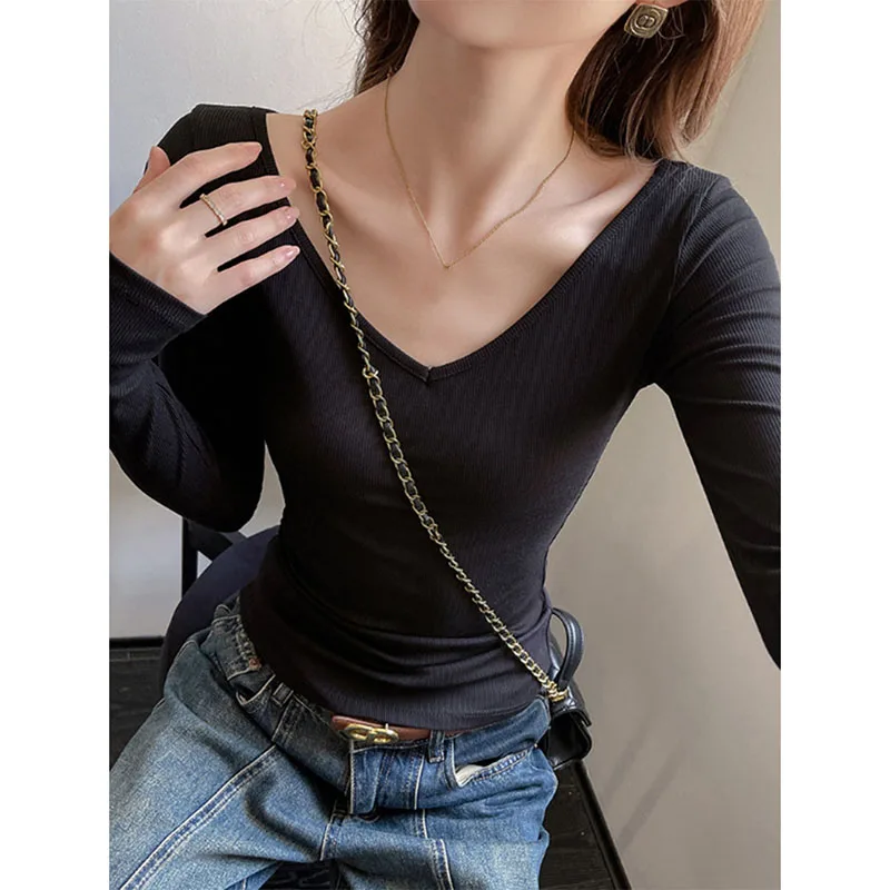 Autumn Winter Women Basic Ribbed T-shirt Korean Slim Fit V-neck Long Sleeve Tees Tops All-match Elastic Soft Base Layer Jumper