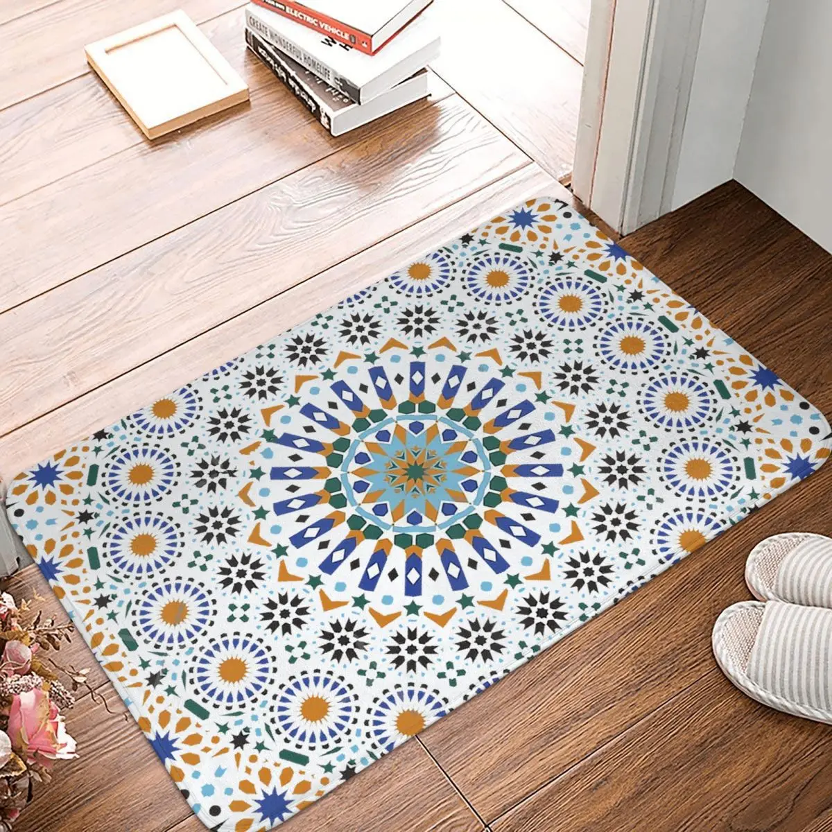 Moroccan Zelig Tile Retro Abstract Multi Color Pattern Anti-Slip Doormat Bath MatVintage Flower Floor Carpet Entrance Door