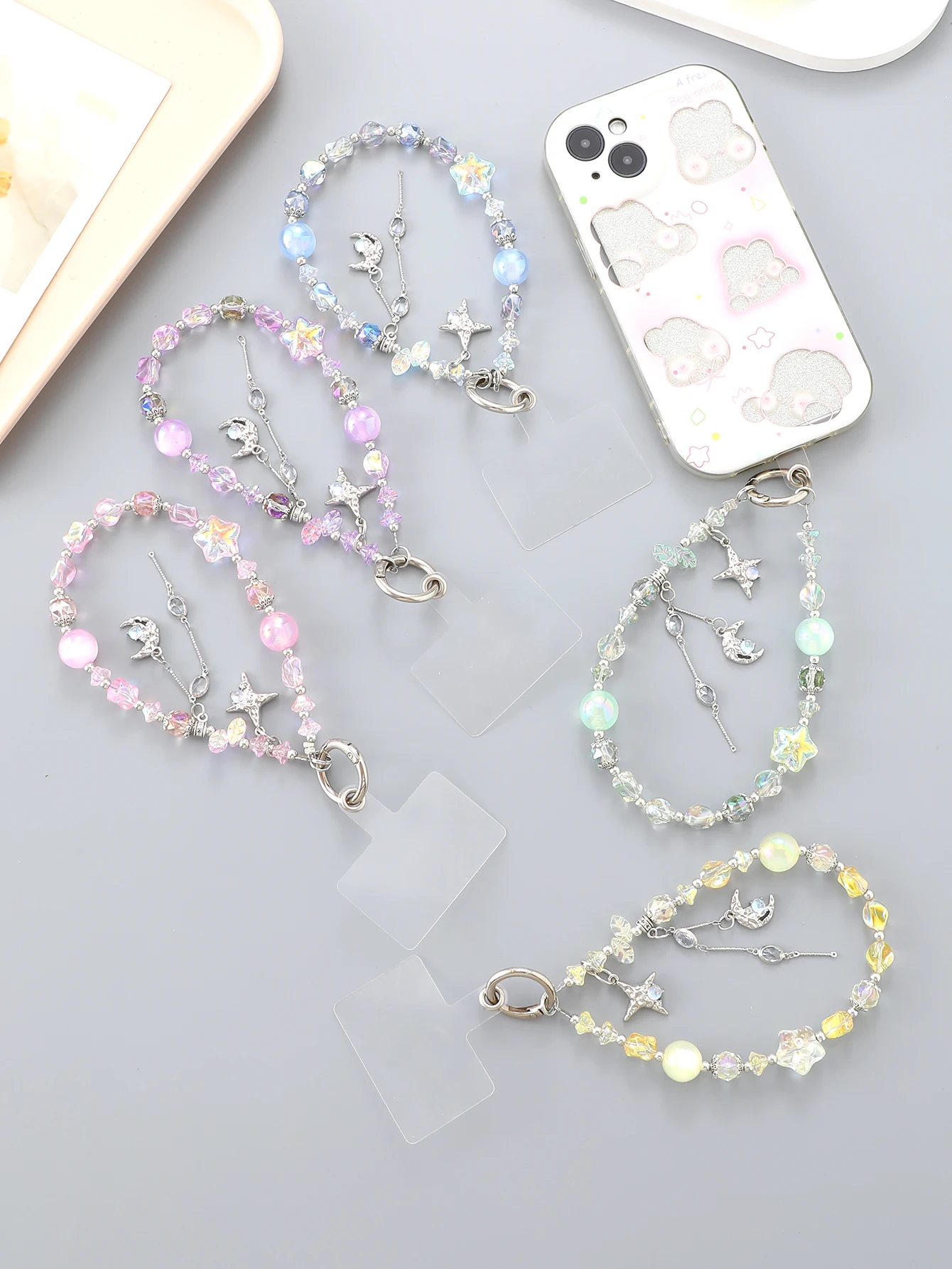 

Новый высококачественный кулон для мобильного телефона с хрустальной звездой и бусинами на запястье, кулон «сделай сам» с драгоценным камнем и луной, подвесная цепочка с прозрачной картой