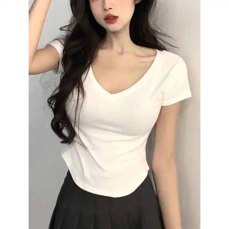 T-shirt v-ne ort Sve pour femmes, couleur Pure, coupe cintrée, Cleanfit h-sle, mi-année, Ciwalk Faion, tendance, été 2023