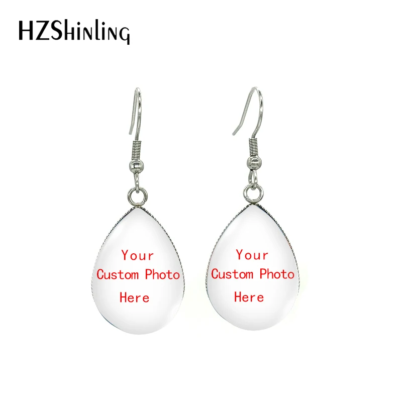 2023 New Fashion Customed Photo Tear Drop Glass Cabochon Fish Hook Earrings Personalized Jewelry Earrings OMG