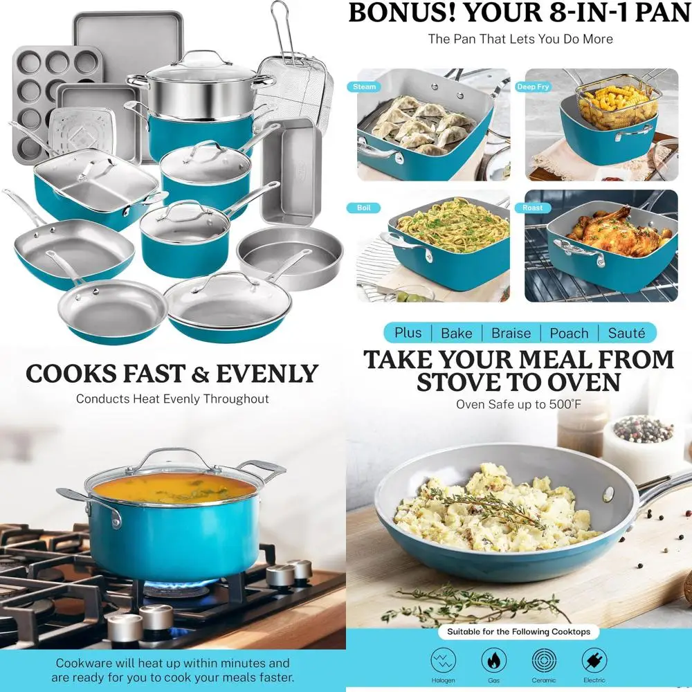 

Aqua Blue 20-Piece Nonstick Ceramic Cookware Set with Pots and Pans, Dishwasher Safe Kitchenware