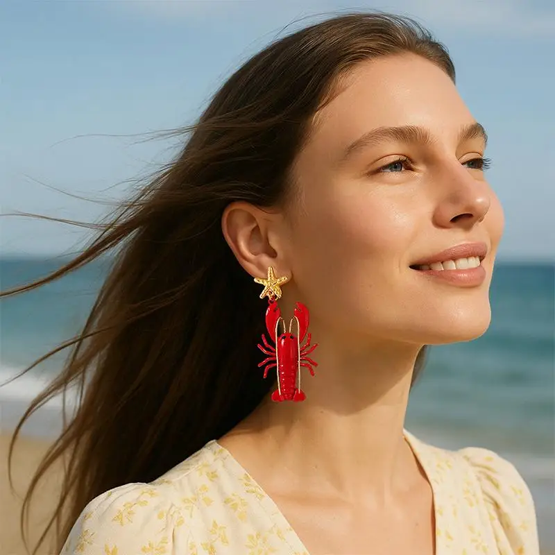 Pendientes de langosta pintados con bigotes largos divertidos, pendientes de tuerca de estrella de mar de dibujos animados de estilo océano, colgantes únicos de animales rojos para mujer