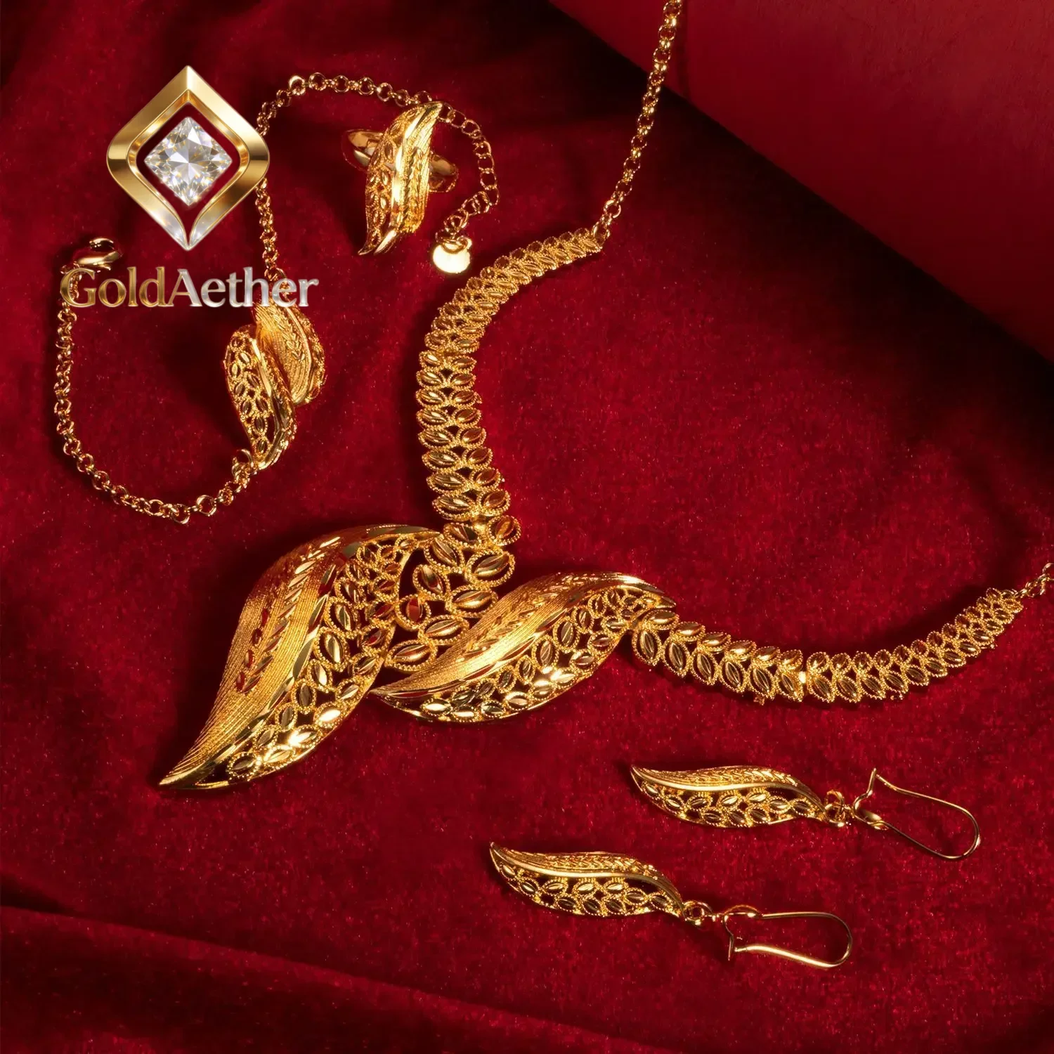 

GoldAether 24k jewelry necklace earring ring hand jewelry set 9999 24K Real Gold Middle East Dubai African bride ethnic four pie