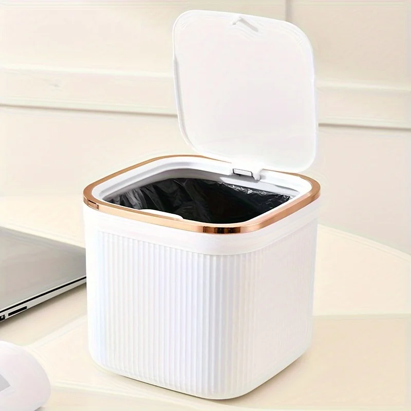 Square Press Type Mini Trash Can Quiet Close Elegant Ribbed Design with Golden Accents Plastic Desktop Bin Bathroom Home Use