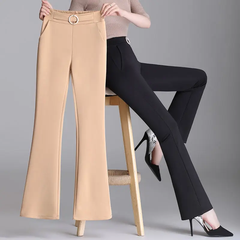 Fashion Office Lady High Waist Flare Women\'s Pants 2023 Spring New Commuter Solid Color Pockets Casual Elastic Sashes Trousers