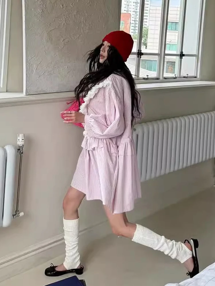 สไตล์เกาหลี Spliced Lace Ruffle ลายเสื้อเชิ้ตผู้หญิงฤดูใบไม้ผลิหวานหลวมโคมไฟแขนสั้นเดรสแฟชั่น Ins