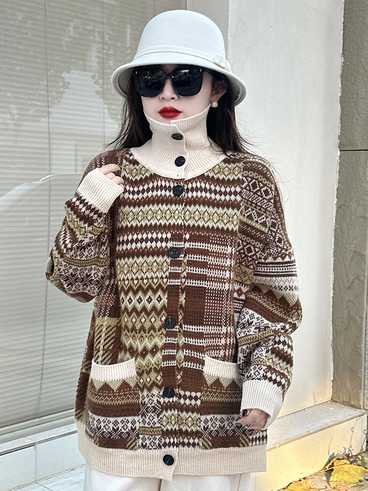 Autumn Winter Women Wool Sweater 100% Merino Turtleneck Knitwear Color Jacquard Weave Thick Cardigan Long Sleeve Soft Outerwears