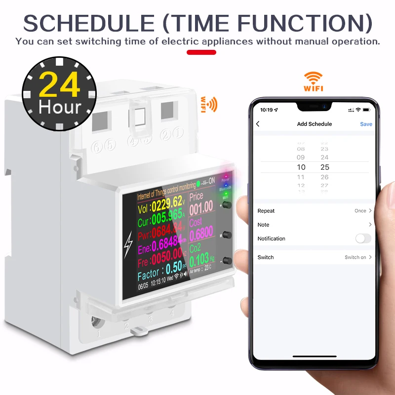 AT4PW 100A Tuya WIFI Din Rail Smart Switch telecomando AC 220V 110V energia digitale Volt Amp Kwh fattore di frequenza metro