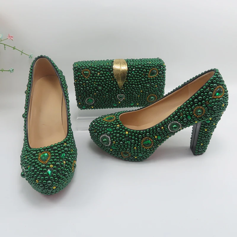 Green Pearl crystal Bridals Wedding shoes with matching bags Rhinestone Round Toe high heels party dress shoes thick with