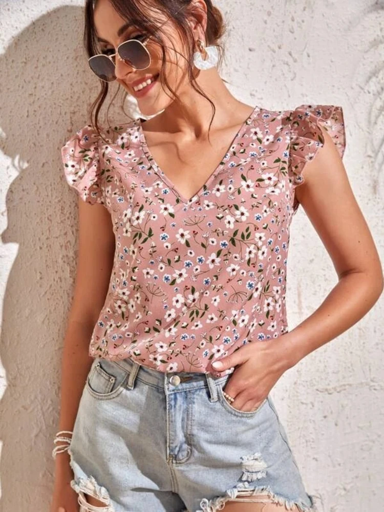 2024 Summer Fashion Printed Women\'s T-shirt Sleeveless V-neck Sexy Casual Home Small Fragmented Flower Basic Shirt Top