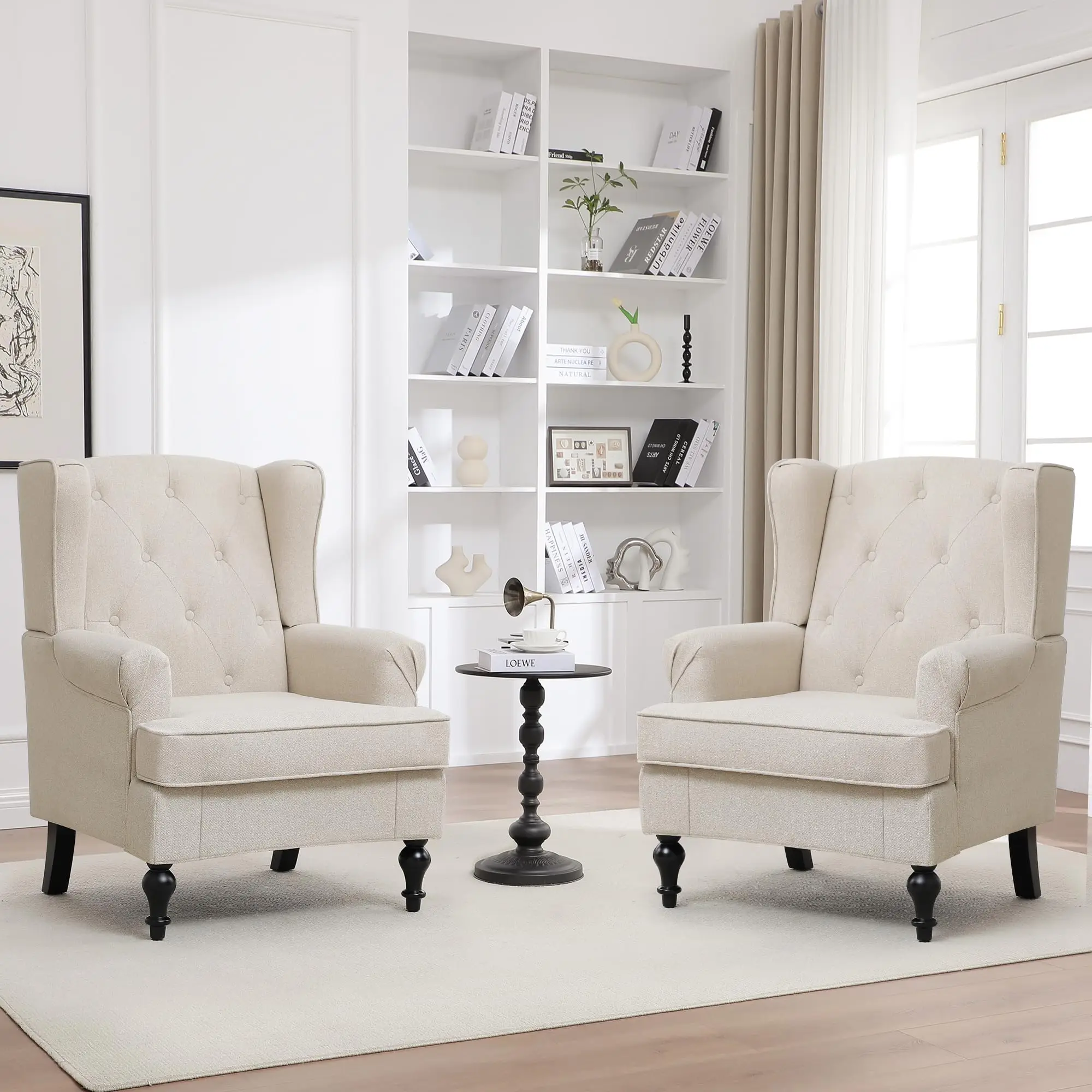 Accent Chair Set of 2, Mid Century Modern Upholstered Armchair, Wingback Chair with Tufted High Back and Solid Legs, Comfy