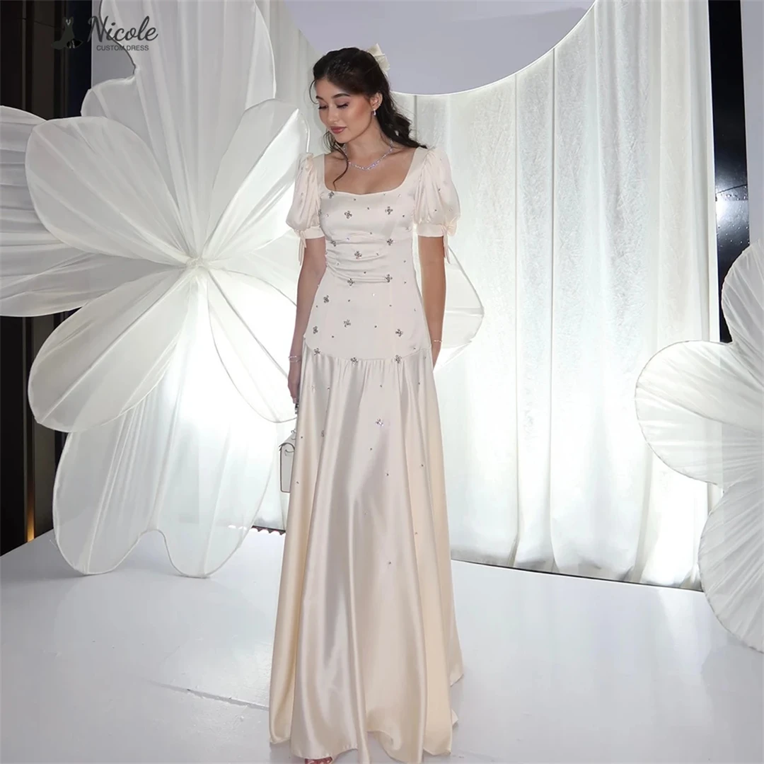 

Вечернее платье Николь для свадебных платьев, платье для свадебной вечеринки, квадратное линейное платье, элегантное платье на заказ, бальные платья со стразами