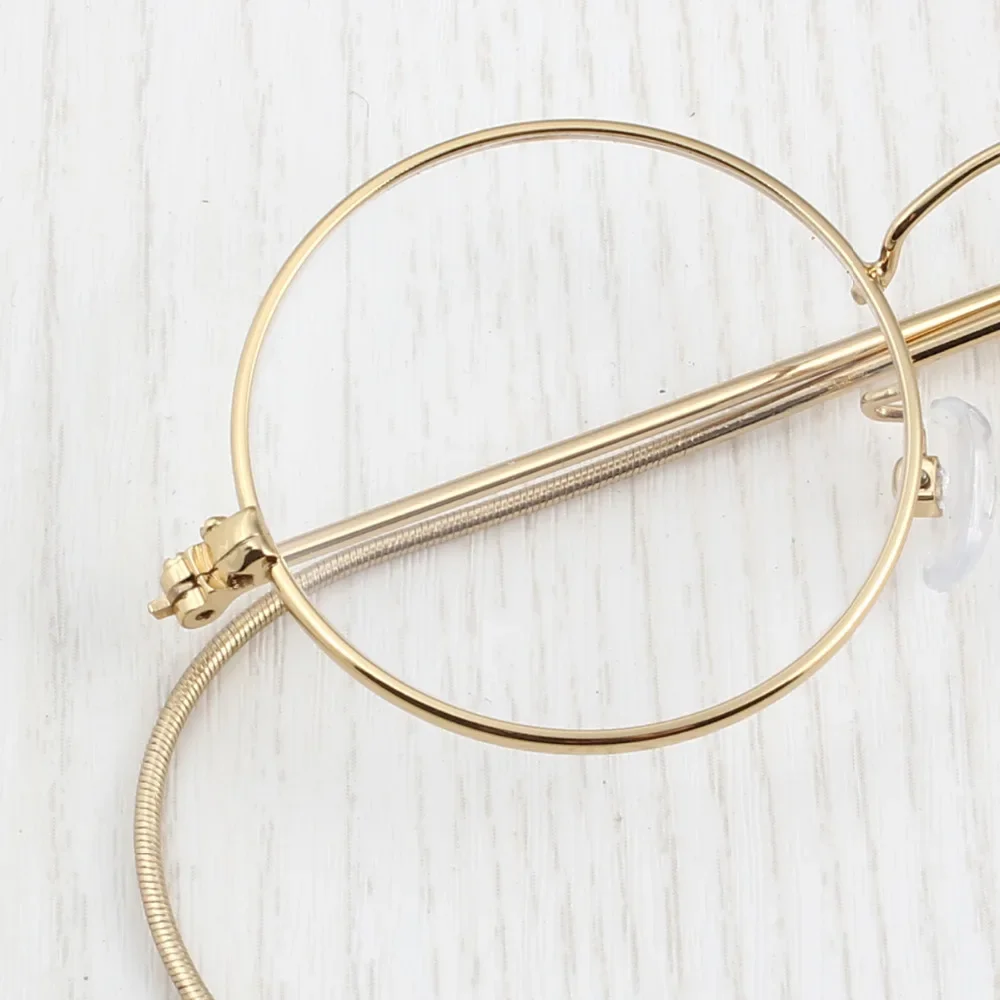 Vintage Men Golden Circular Eyeglasses Metallic Fiber Frames Spring Temples Ultra Lightweight Prescription Eyewear