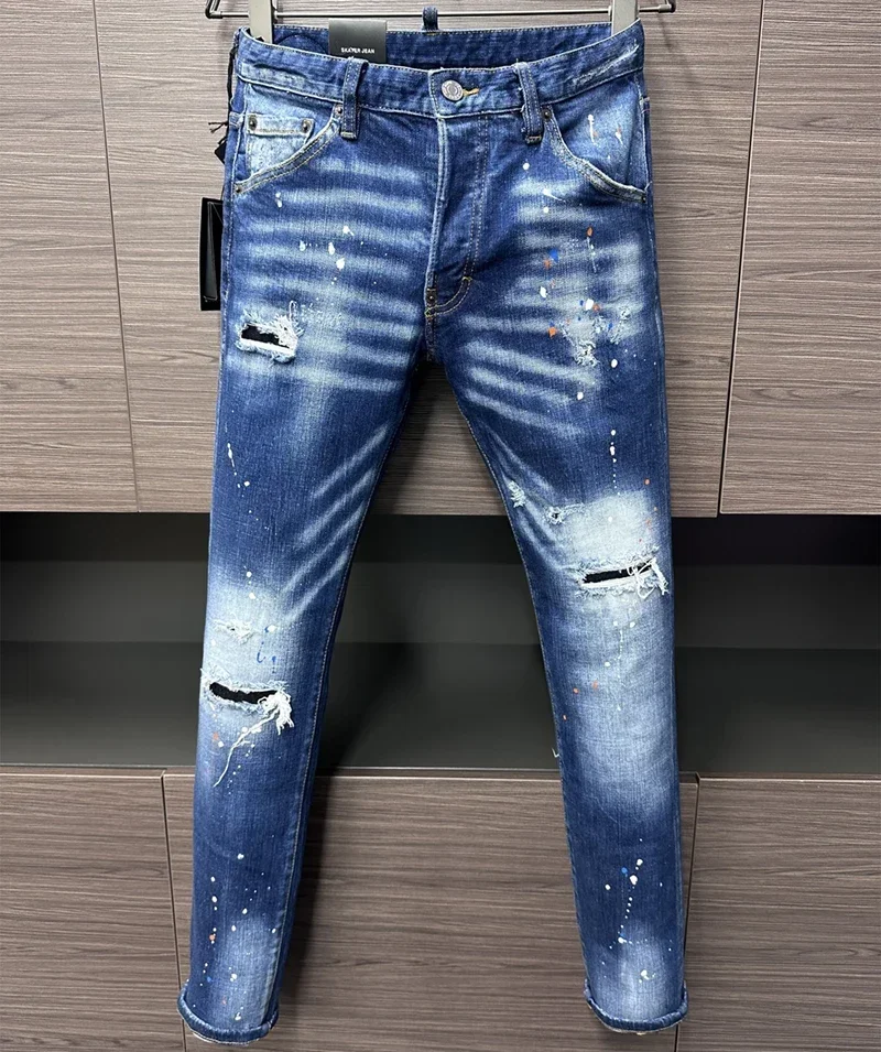 new dsq blue Man Jeans Pants Cotton Slim stripe Biker Jeans Denim Designer Button stripe DSQ2 COOLGUY JEANS for husband 9915