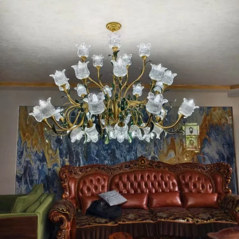 

French Style Chandeliercreative High-end Feeling Lobby Main Light Retro Homestay Restaurant Light Flower All Copper Glass Lamp