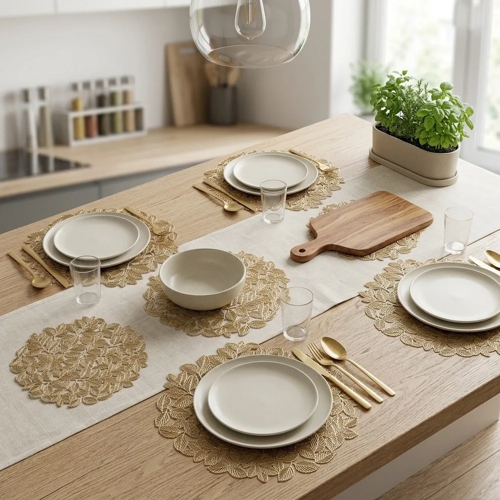 8 Round Gold Plastic Placemats 38CM Leaf Cutout Design Heat Resistant Table Coasters for Bowls Plates Cups Table Decoration