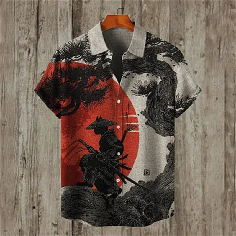 

2025 men's new cool black cat warrior printed short sleeved shirt, fashionable casual shirt, polyester fiber fabric short sleeve