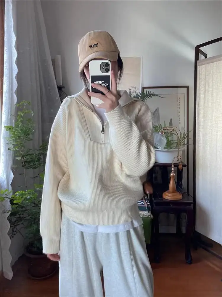 

Autumn Winter New Korean Lazy Faion Simple Hoodie Top Loose Casual Women's Knitted Sweater Stand Collar f Zipper