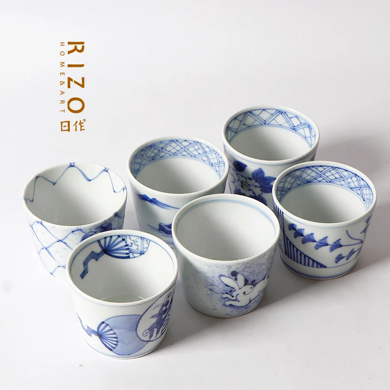 Japanese Arita Yaki Hand-Painted Ceramic Blue And White Tea Cup, Soup Swallowing Pig Mouth Water Sake Cup