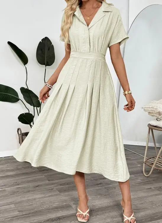 

Dress 2026 New Women's Dress Casual Cuban Collar Commuting Shirt Dress Loose Short Sleeved Solid Color Elegant Dress