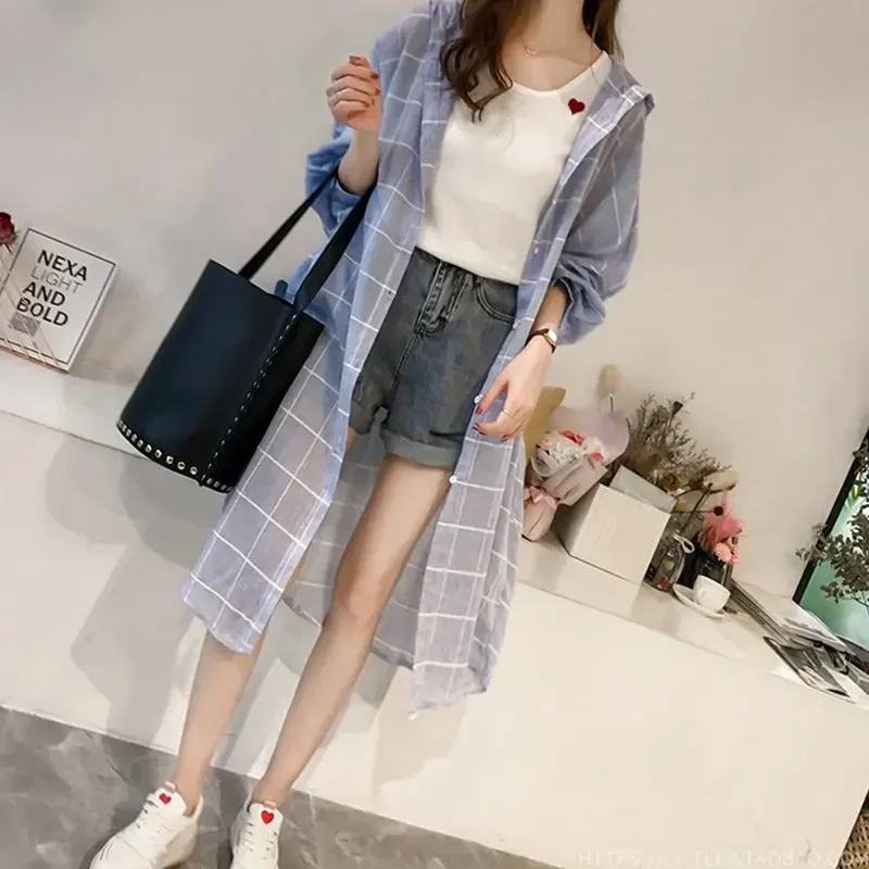 Long Jackets Women S-4XL Classic Plaid Simple Design Popular Summer Sun-proof Hooded Ulzzang Casual Streetwear Female Breathable