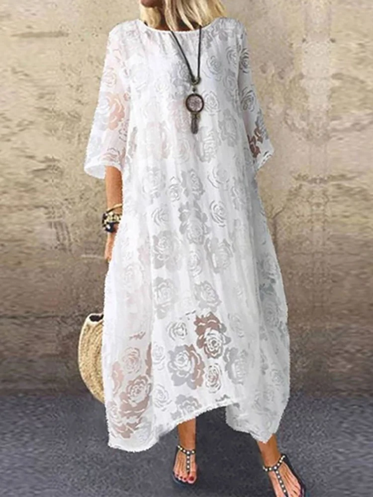 Solid Women Summer Lace Hollow Long Dress Female Half Sleeve Tennis Floral Embroidery Print Maxi Dress Casual Loose Party Dress