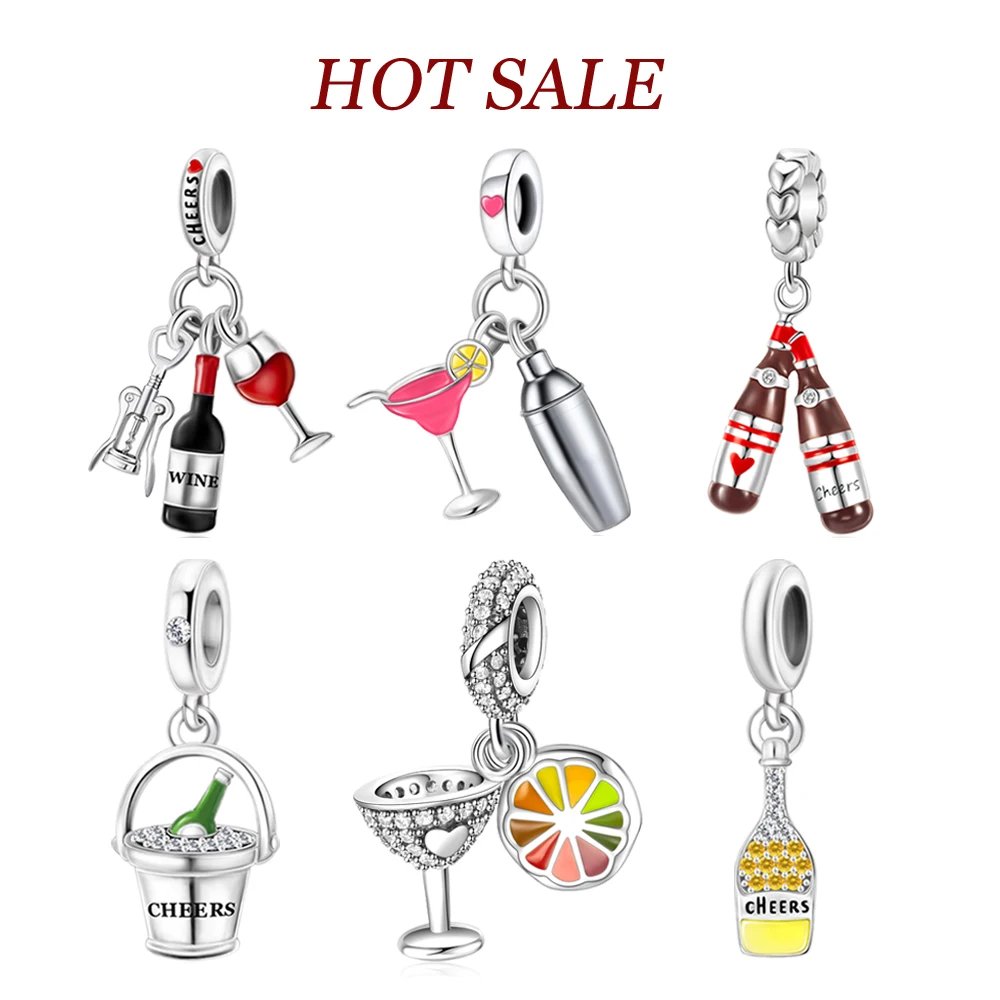 Bottle Opener, Red Wine & Glass Cheers Trio Dangle Charm Fit Pan Charms Original Bracelet DIY Women Jewelry Gift for Celebration