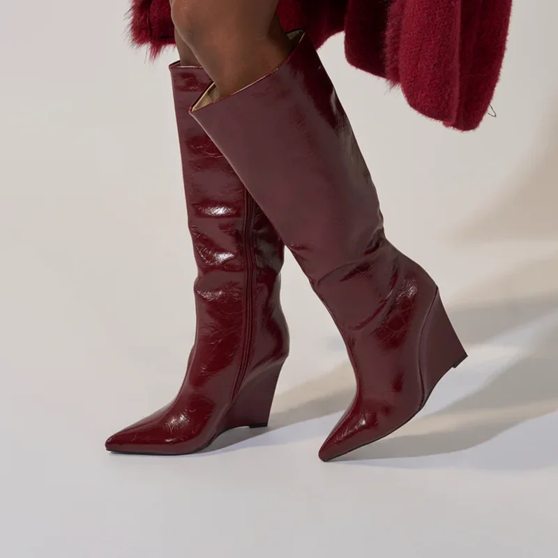 

Wedges Shiny Patent Leatehr Long Boots Sexy Pointed Toe Knee High Boots Solid Customized New Arrivlas Fashion Women Modern Boots