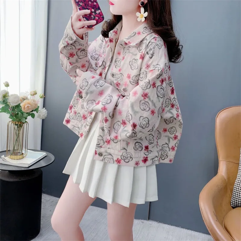 

Women's Printed Long Sleeves Denim Jacket Spring Autumn Coat New Loose Versatile Casual Jacket Single-breasted Long-sleeved Top