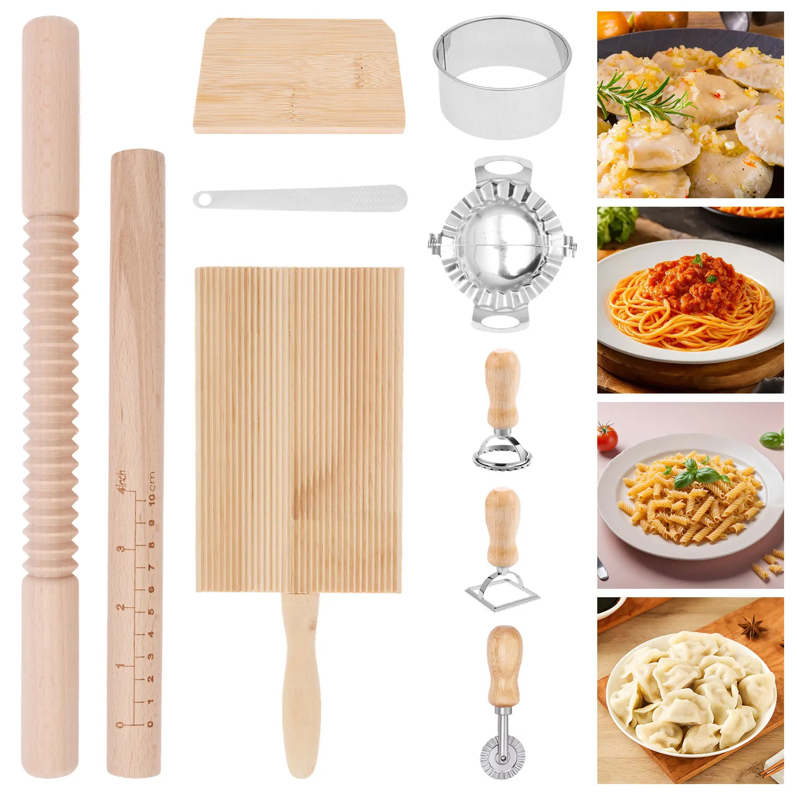 10Pcs Pasta, Der Werkzeuge Kit Holz Gewinde Nudelholz Nudelholz Mit Skalen Gnocchi Bord Teig Schaber Knödel Maker