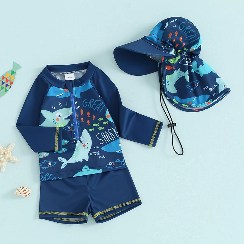 3Pcs Toddler Boys Rash Guard Swimsuits Cute Fish Print Long Sleeve Zip Up Bathing Suit Swimwear Beachwear Summer Clothes