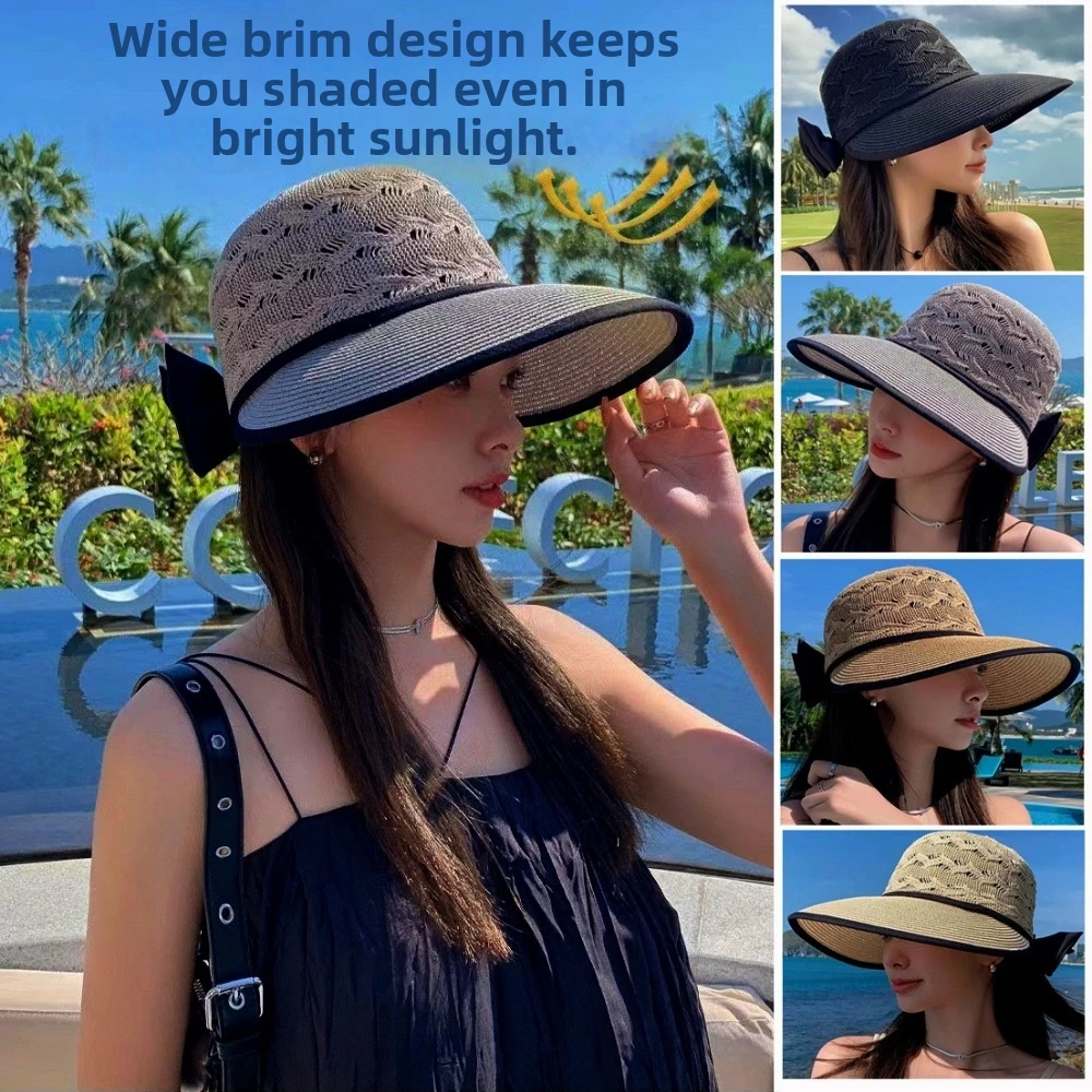 Universal Outdoor Summer Girls Sun Hats with Bow Knot Fashionable Outdoor Sun Protection Openwork Design Breathable