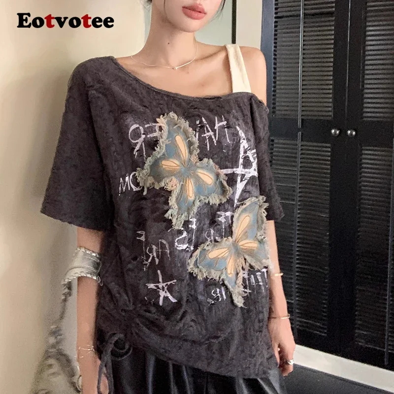 EOTVOTEE Graphic T Shirts Women Off Shoulder Harajuku Y2k Tee Top Vintage Aesthetic Oversize Short Sleeve T-shirt 2000s Clothes