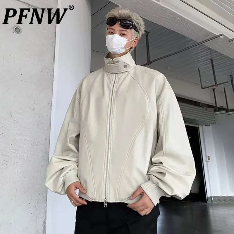 PFNW American Style Men's Biker Jacket Stand Collar New Trendy PU Leather Short Male Tops Solid Color Coats Autumn Tide 12C1086