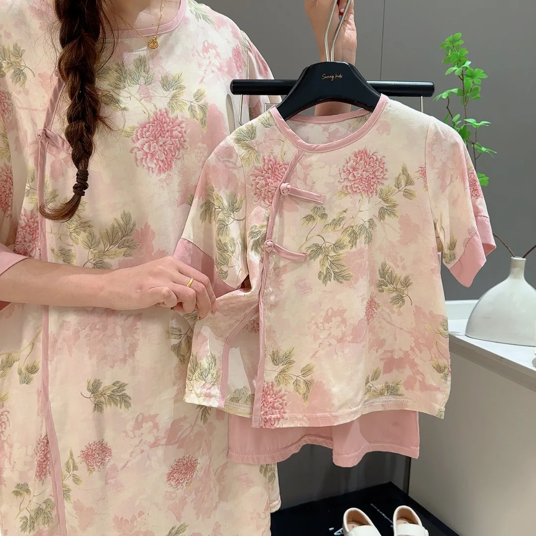 Summer Girls Cotton and Silk Set New Chinese National Style Baby Short Sleeve Nine-Point Pants Set 3