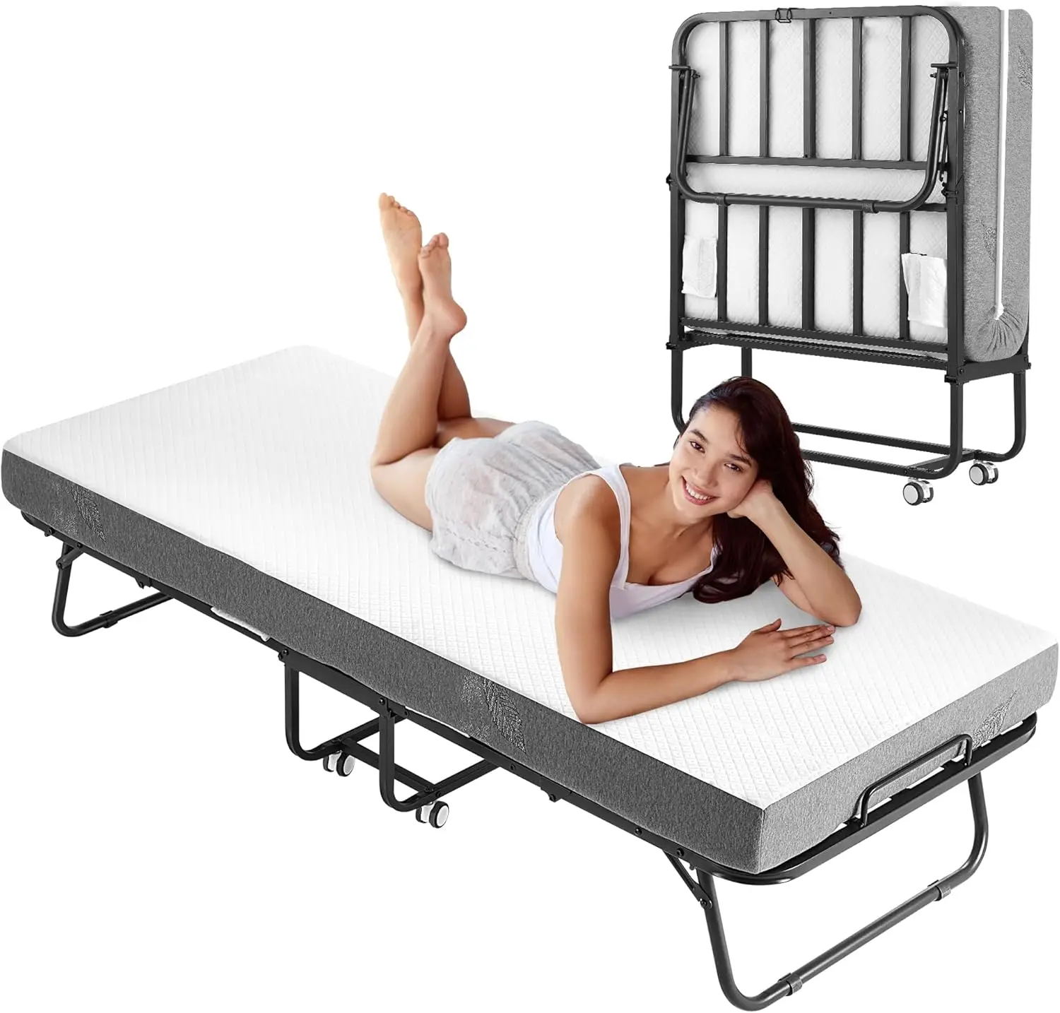 with Foam Mattress, Single Rollaway Bed for Guests, Space Saving Portable Bed with Lockable Wheels, 5